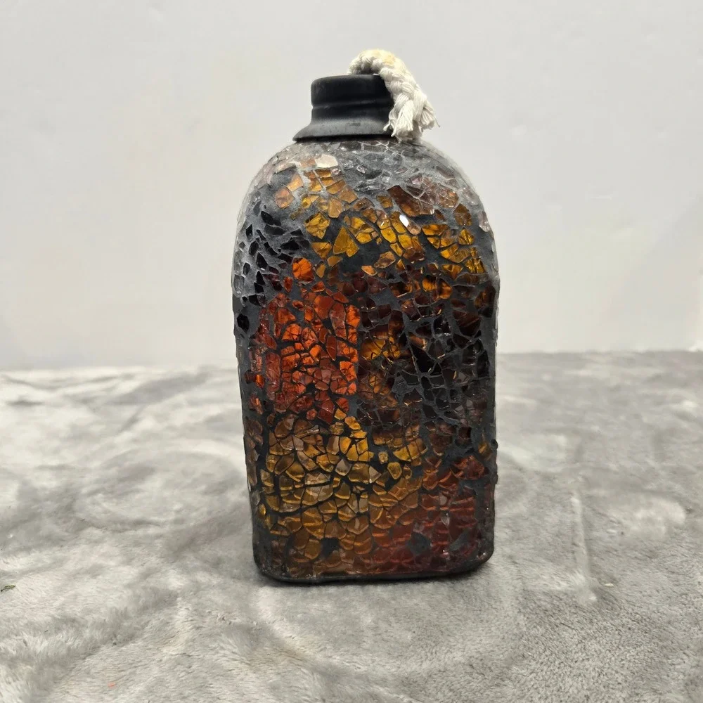 Mosaic Glass Oil Lamp Amber Orange Crackle Glass Decorative Bottle‎ with Wick